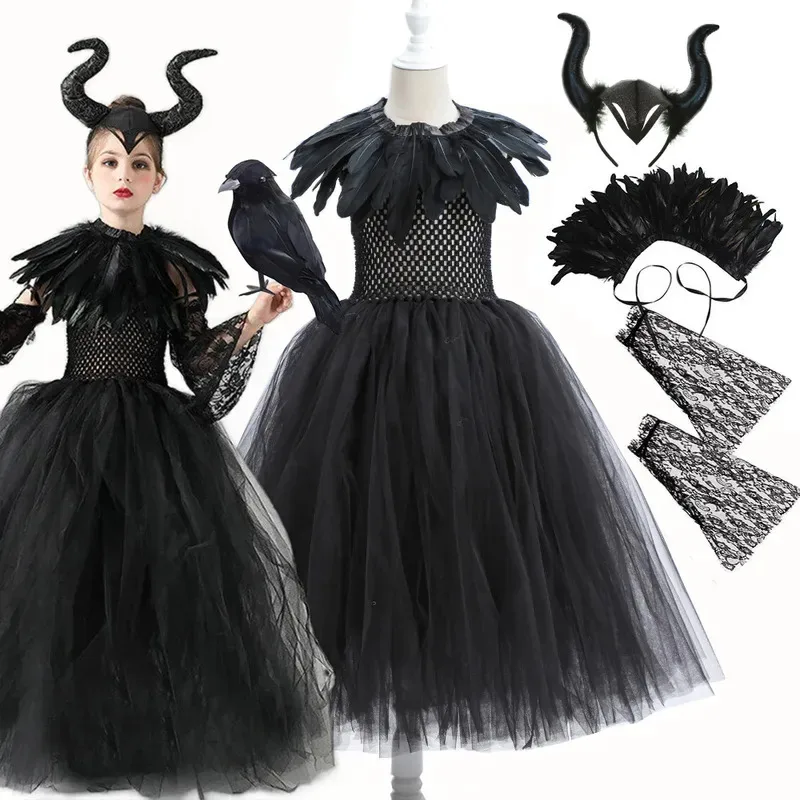 

2-10Y Maleficent Mesh Frock Off Shoulder Gothic Black Tutu Dress Evil Queen Villain Cosplay Clothing Halloween Toddler Apparel