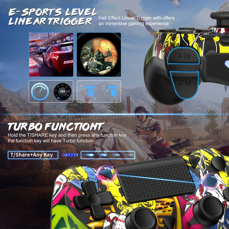 Para mando inalámbrico PS4-giroscopio de 6 ejes efecto Hall de doble vibración con función Turbo de panel táctil, accesorios para juegos de controlador BT