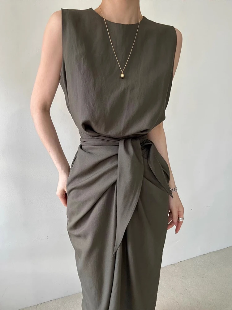

Chic Summer High Waist round Ne Knot Belt Design Slimming Vest Dr Women's Faion Korean Sle Long Skirt Dr