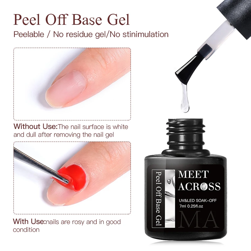 MEET ACROSS 7ml Peel Off Gel Base Gel No Need Remover Water Soak Off Nail Art UV Primer Gel Nail Polish Top Coat Polish Lacquer