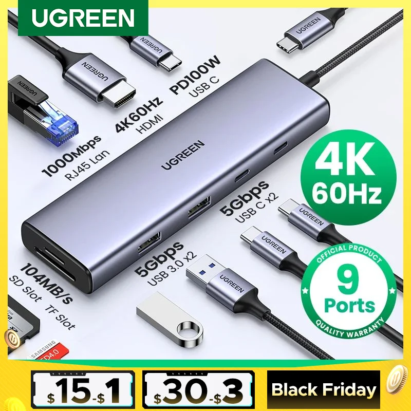 UGREEN-USB C 허브 4K 60Hz c형, HDMI 2.0 RJ45 PD 100W 어댑터, Macbook Air Pro iPad Pro M2 M1 PC 액세서리 USB 3.0 허브