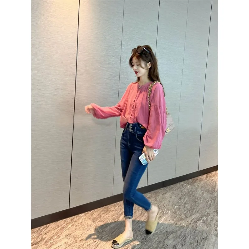 Lanterna manga cor sólida camisa feminina outono 2025 novo estilo francês temperamento commuter nicho chiffon topo