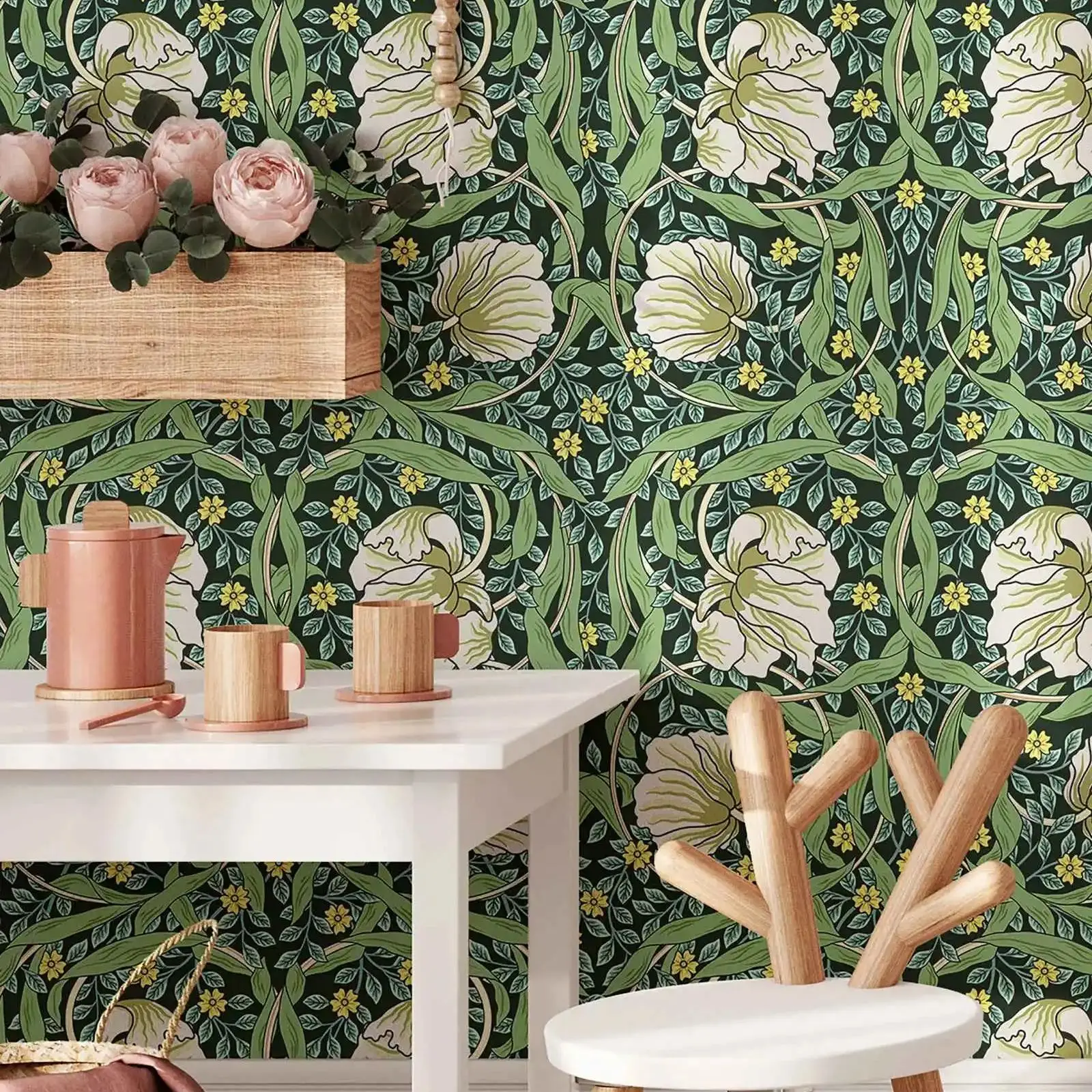 グリーンウィリアムモリス壁紙、ヴィンテージピンパーネル自己粘着/レギュラーフローラル壁紙、ピールアンドスティックまたは伝統未貼り付け