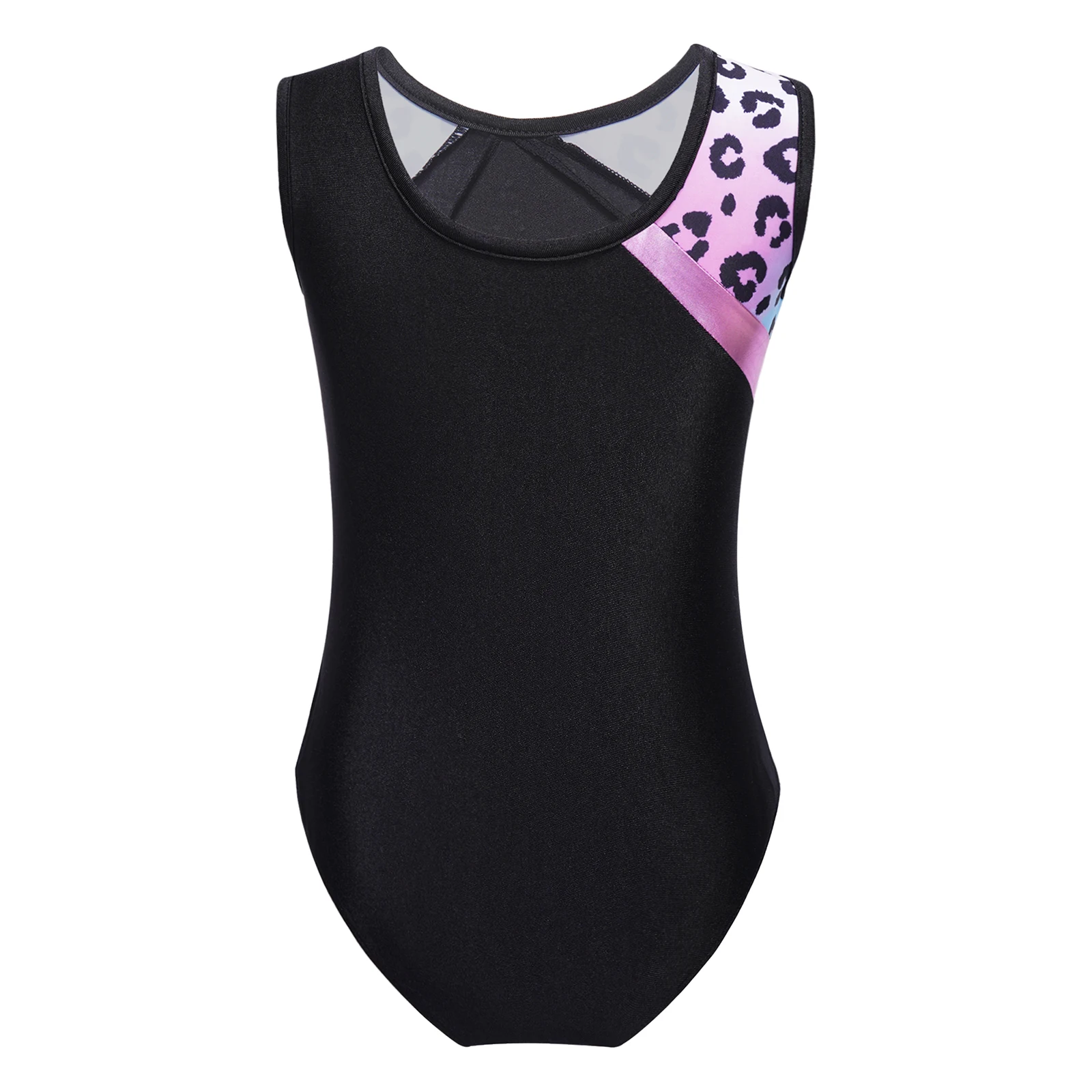 Kids Girls Rhinestones Ballet Dance Leotard Figure Ice Skating Gymnastics Bodysuit Dance Costumes Sleeveless Leopard Jumpsuit