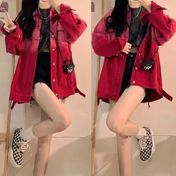 New Streetwear Red Womens Jean Jackets Turn Down Collar Vimtage Washed Denim Coats Overalls Loose Casual Female Clothing Outwear