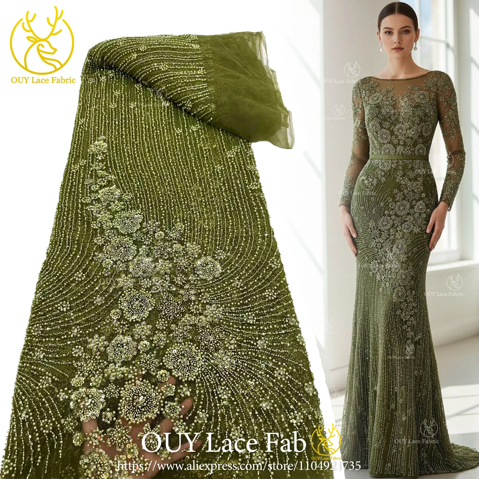 

African Beaded Lace Fabric 2026 Premium Nigerian Sequined Beaded Lace Fabric French Lace Fabric Suitable for Party Gown Sewing