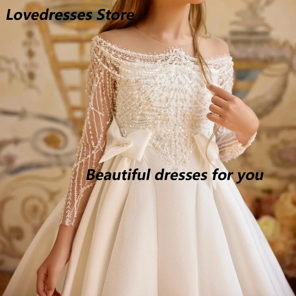 ชุดเดรสเด็กผู้หญิงหรูหราสำหรับงานแต่งงาน  แบบสั่งตัด ประดับลูกปัดและเลื่อม  ทรงบอลกาวน์ยาวกรอมพื้น  สำหรับงานวันเกิดเด็กผู้หญิง