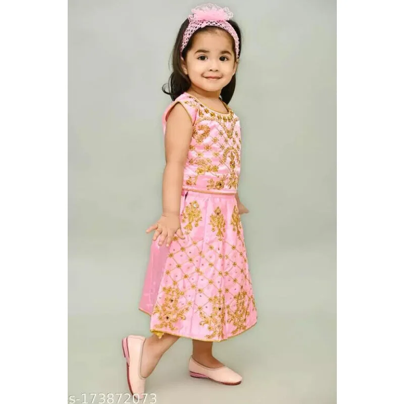 Lehenga Choli Gold Embroidered Pink Indian Kids Girls Ethnic Lehenga Choli Party Wear