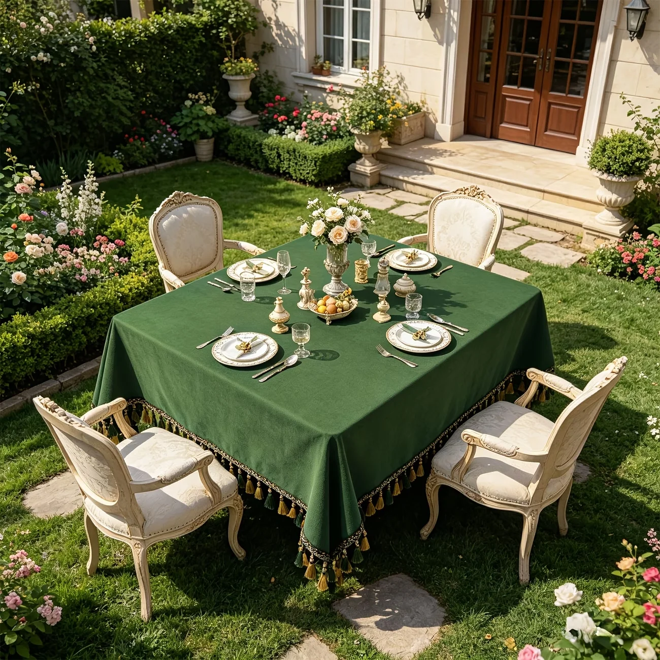 1pc Grass Green Velvet Tablecloth, Dark Green Tassels, European Luxury Rectangular Design, Suitable for Indoor Dining and Picnic
