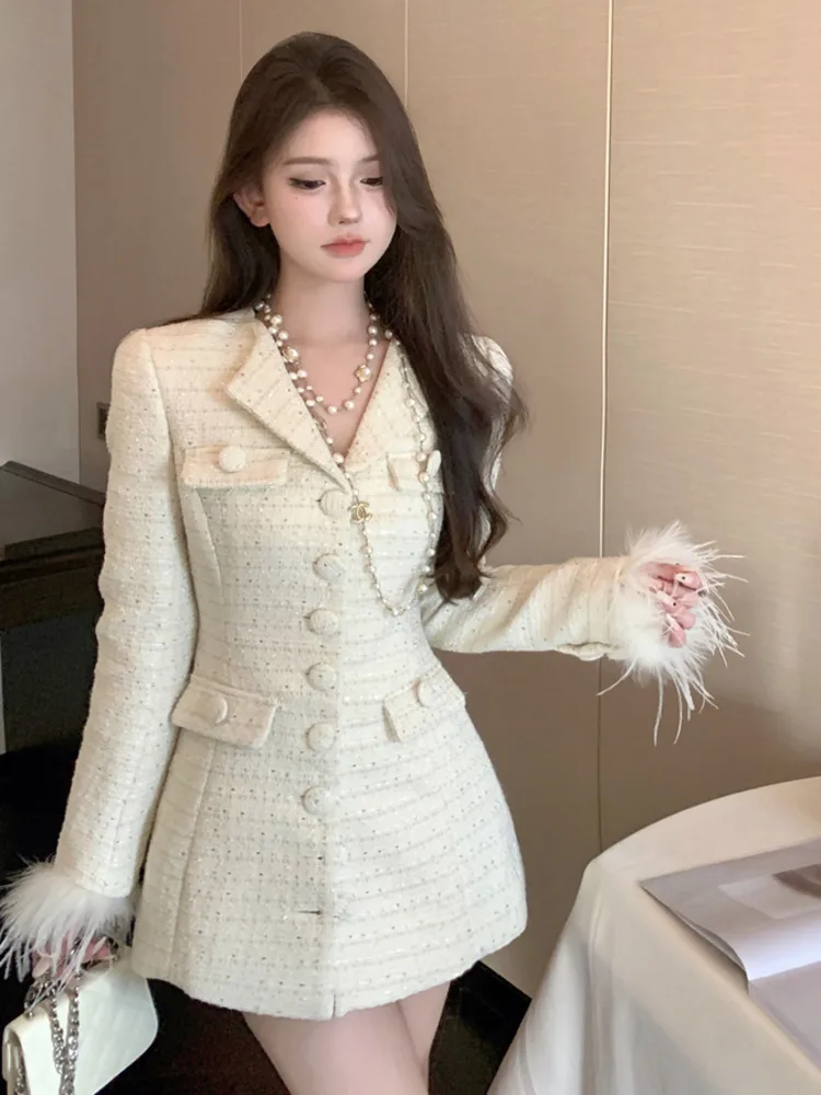 High Quality Elegant Fur Patchwork Women Outerwears 2024 Winter Single Breasted Korean Fashion Slim Waist Medium-long Coat