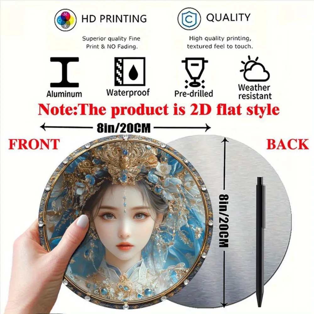 2D Anime Style Female Wall Art 8x8 Inch Round Aluminum Decor Blue Gold Headpiece - Home Kitchen Cafe Room Decoration Holiday Gif
