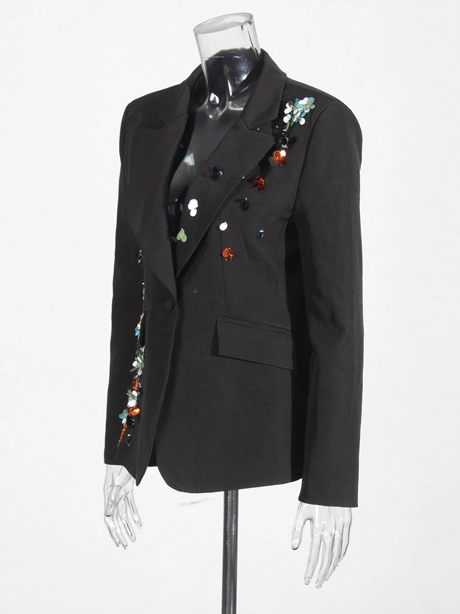 TWOTWurea YLE-Blazer à Paillettes pour Femme, Patchwork Solide, Col Cranté, Tunique à Manches sulf, Blazer Amincissant Chic, High Street