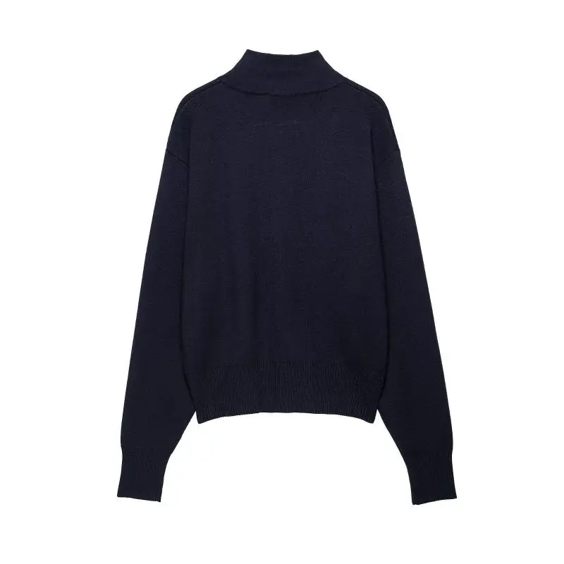 Maxdutti Minimalist Fashion Women's Sweater Knitwear Woman Clothes Retro Navy Blue Casual Zipper Knitted Jacket Cardigan France