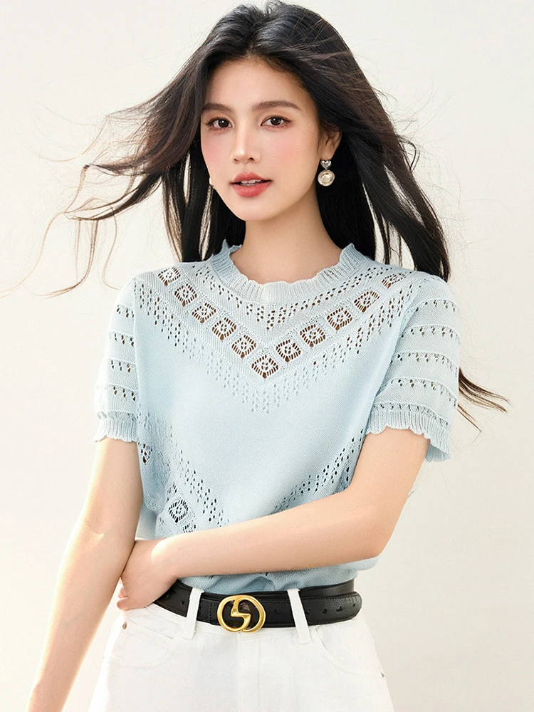 2025 夏の花の刺繍薄型中空アウトプルオーバーセーター女性のヴィンテージ O ネック半袖 Tシャツ多用途ニットトップ