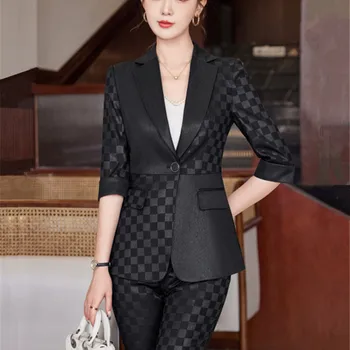 여성용 여름 바지 세트, 반팔 블레이저 및 바지 정장, 그레이 화이트, 고품질, 시크하고 우아한 비즈니스 복장, 2 종 세트