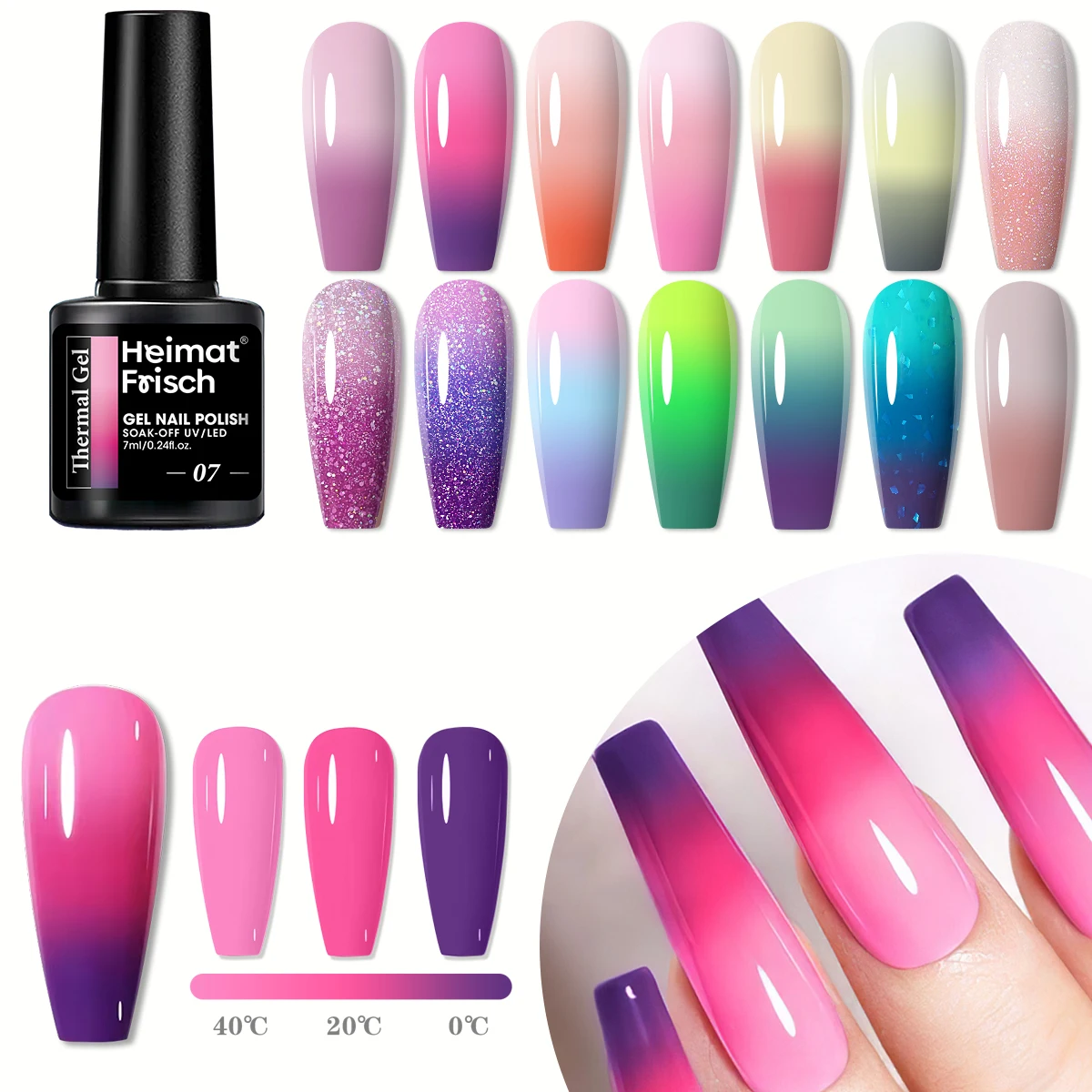 طلاء أظافر جل حساس للحرارة متغير اللون 7 مل، رقع أظافر جل قابلة للإزالة بثلاث طبقات متغيرة الألوان