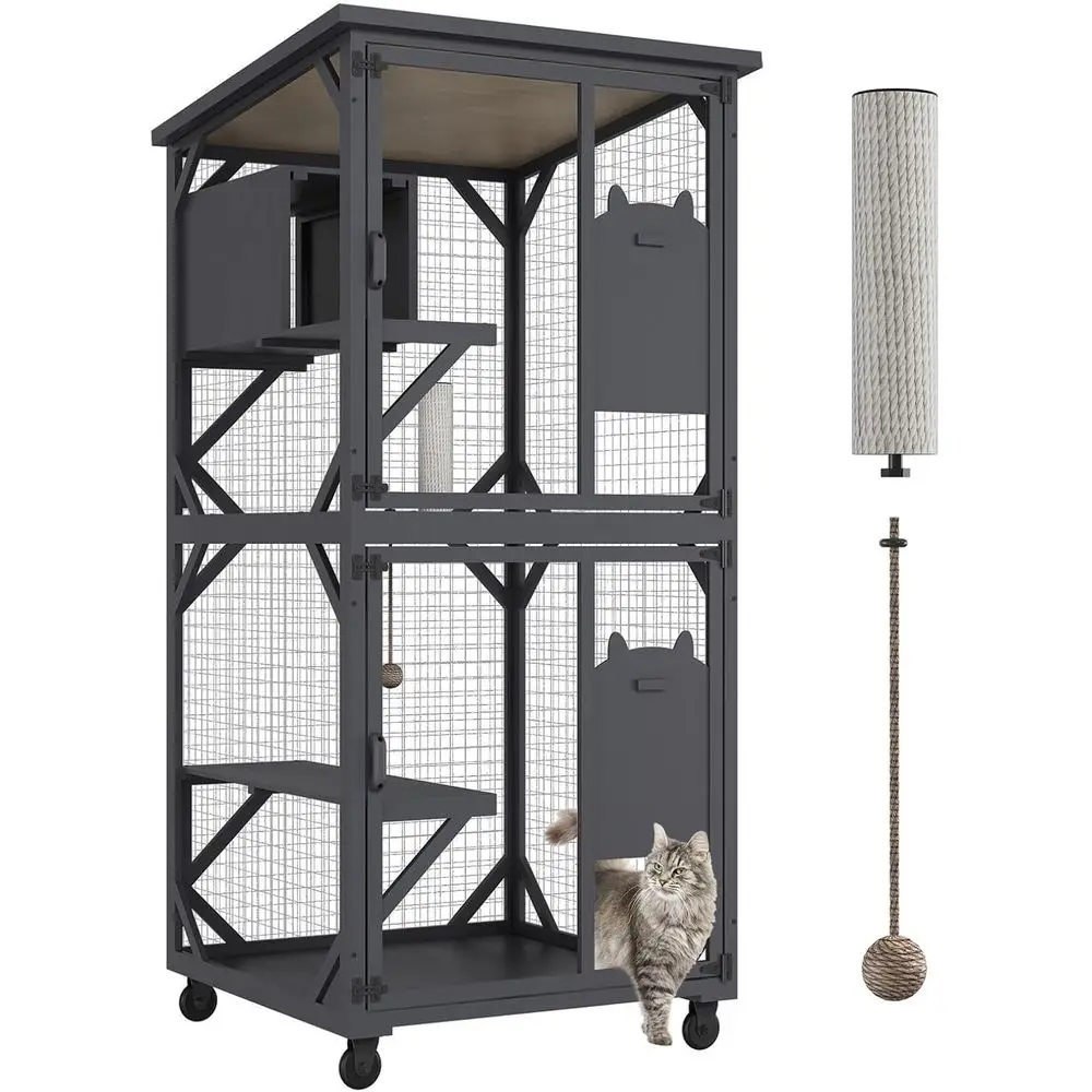 

Outdoor Large Wooden Cat Enclosure with 71 Height, 3 Jumping Platforms, and 1 Napping House - Grey