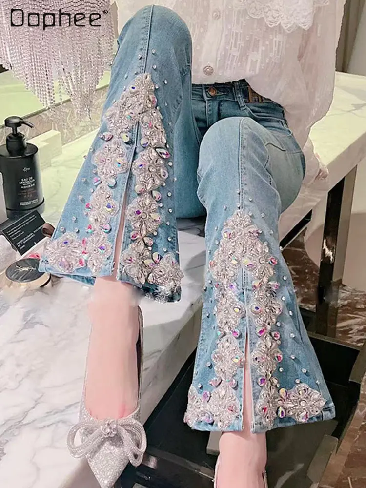 

2023 Spring New Luxury Colorful Crystals Jean Bootcut Pants Sweet Slit Hemline High Waisted Denim Trousers Flare Jeans Women