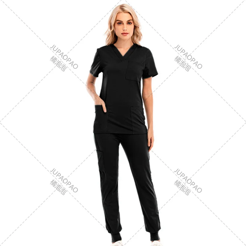 Uniforme de enfermería con cuello en V para mujer, ropa de trabajo de manga corta con bolsillo, sólido, ligero, transpirable, Tops, pantalones, traje de trabajo suave, nuevo