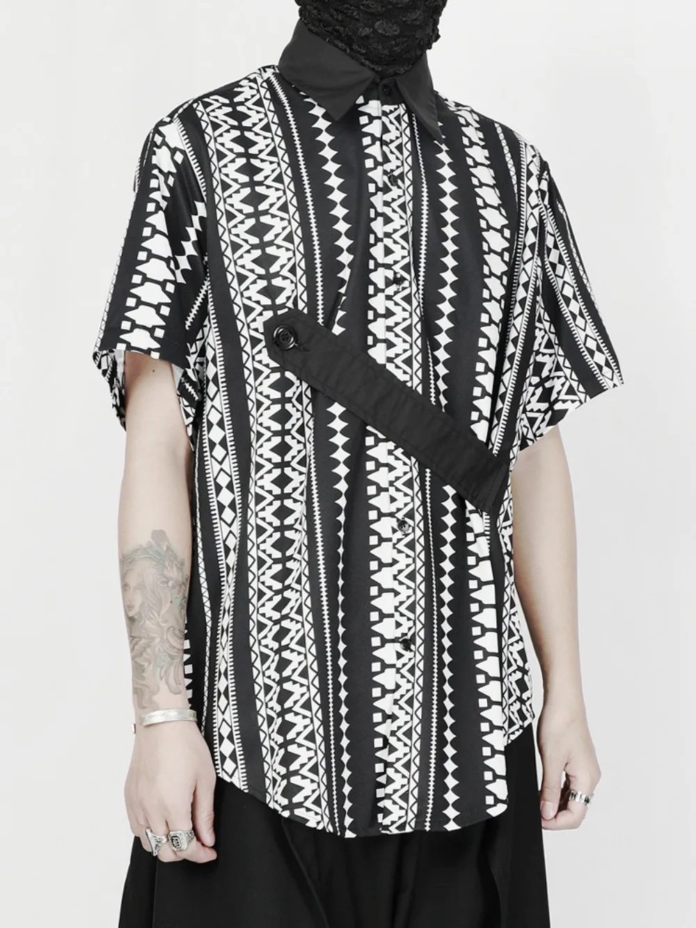High Street Dark Summer Thin Shirt Tops Men's Vacation Top Asymmetrical Plaid Printed Loose Short Sleeved Streetwear Shirt