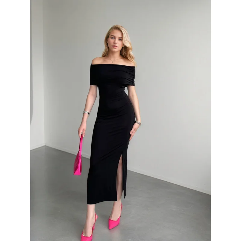 

2025Independent Store Hot Selling Women's Clothing Mature Style Off-Shoulder Dress Summer High-Waist Slit Gown Long Dress