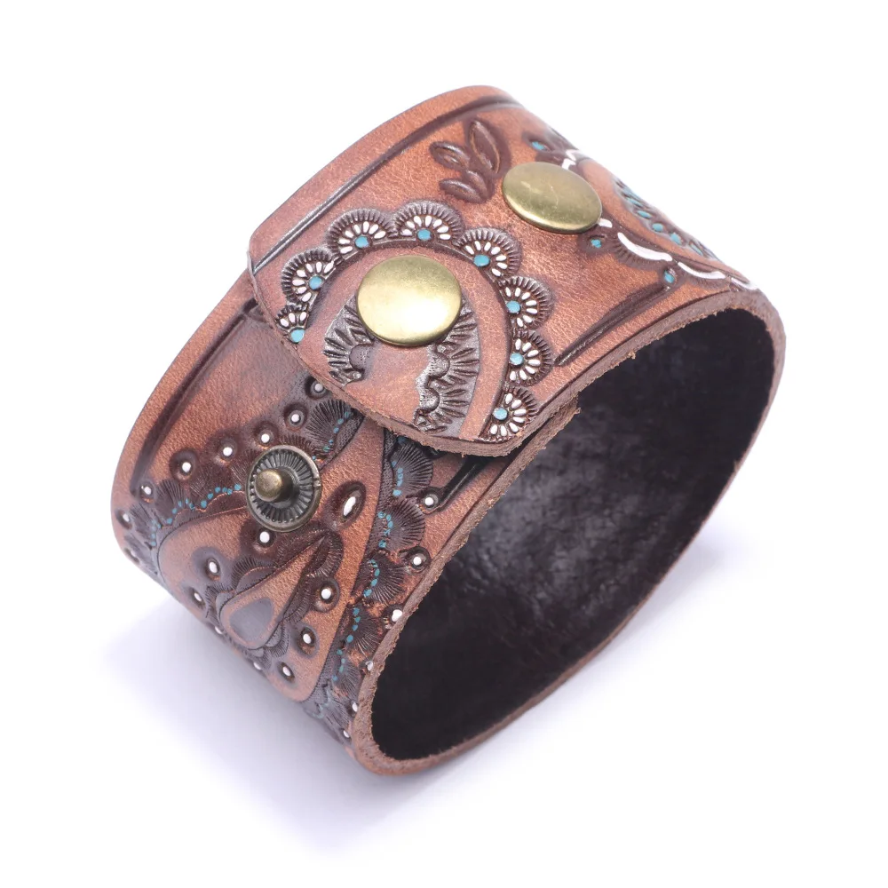 Kirykle Men Brown Black Vintage Genuine Leather Bangles Wide Leather Bracelet For Women Bracelet Cell Shape Punk Charm Jewelry