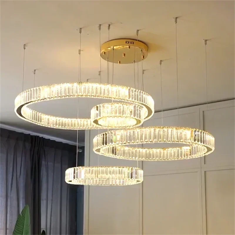 Modern Luxury Crystal LED K9 Chandelier Circle Rings Pendant Lamp for Living Stairs Lighting Fixtures