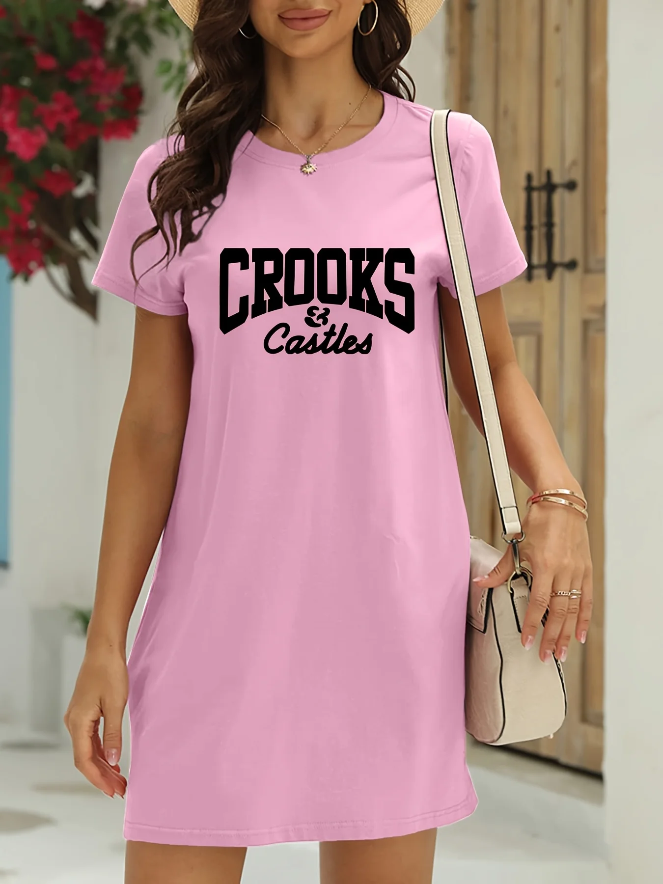 

Plus Size Women's Crooks Castles Graphic Print Casual T-Shirt Dress Pink Round Neck Short Sleeve Lounge Dress Summer Sleepwear