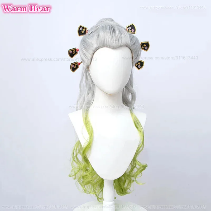 90cm Long Daki Synthetic Anime Silver Gradiented Green Curly With Headwear Heat Resistant Hair Halloween Party Role Play Wigs