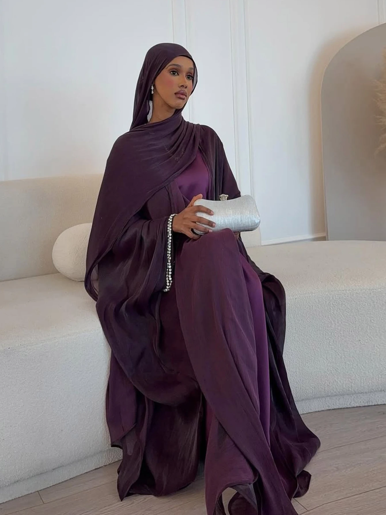 Eid Muslim Abaya Scarf Dress 3 Piece Set for Women Cardigan Ramadan Beading Sleeve Dubai Jalabiya Kaftan Vestidos Arab Robe 2025