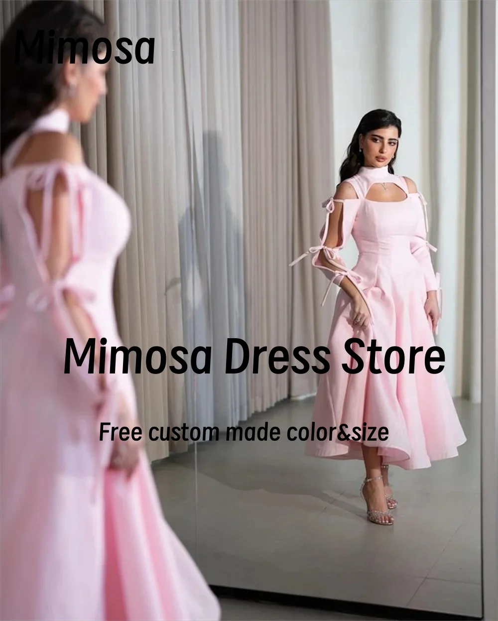 Mimosa Pink Prom Dresses 2025 High Collar New Style Long Sleeves Homecoming Party Dress Ankle Length Evening Gowns Customized