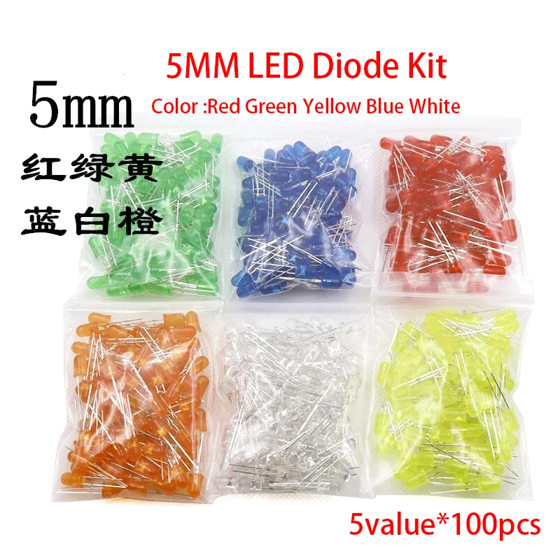 500Pcs/lot 5MM LED Diode Kit Mixed Color Red Green Yellow Blue White  5value*100pcs