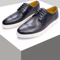 Men's Casual Leather Shoes Brogue Style Lace-Up Flats Fashion Comfortable Handmade Shoes Boys Date Dance Party Shoes