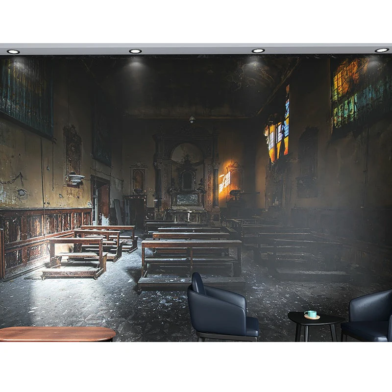 

Customized product 3D script kill the terror theme wallpaper of the hall European ruins church building secret room escape mural