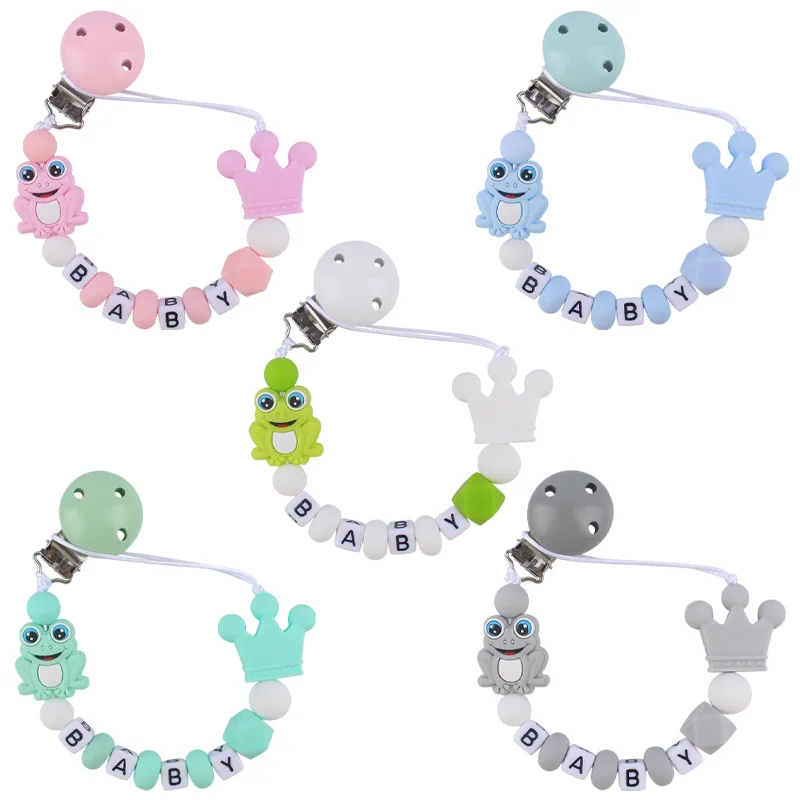 Custom English Letter Name Baby Silicone Frog Beads Pendant Pacifier Clips Chains Chew Teether Baby Pacifier Kawaii Toy Gifts