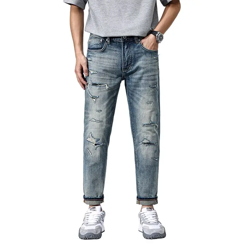 

JXNS159 Tide washed do old hole jeans men trend Korean Slim straight trousers casual small feet high-end