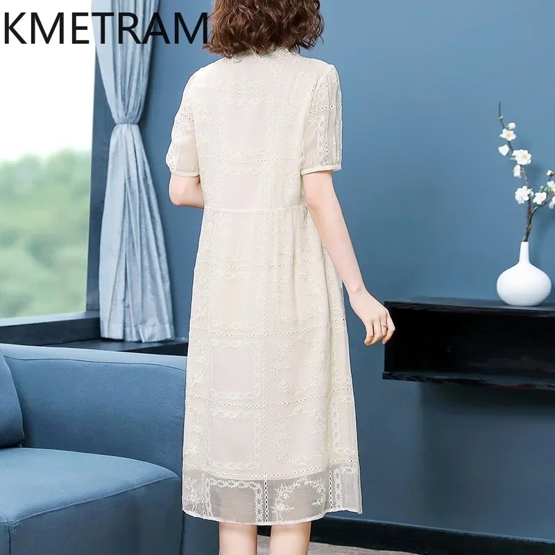 KMETRAM 100% Mulberry Silk Embroidery Dresses 2024 Women Summer White Dress New in Party Long Dresses Womans Clothing 여성여름원피스