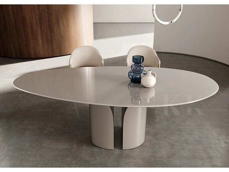 

Light luxury dining table and chairs red paint high-end Italian minimalist dining table special-shaped irregular2003