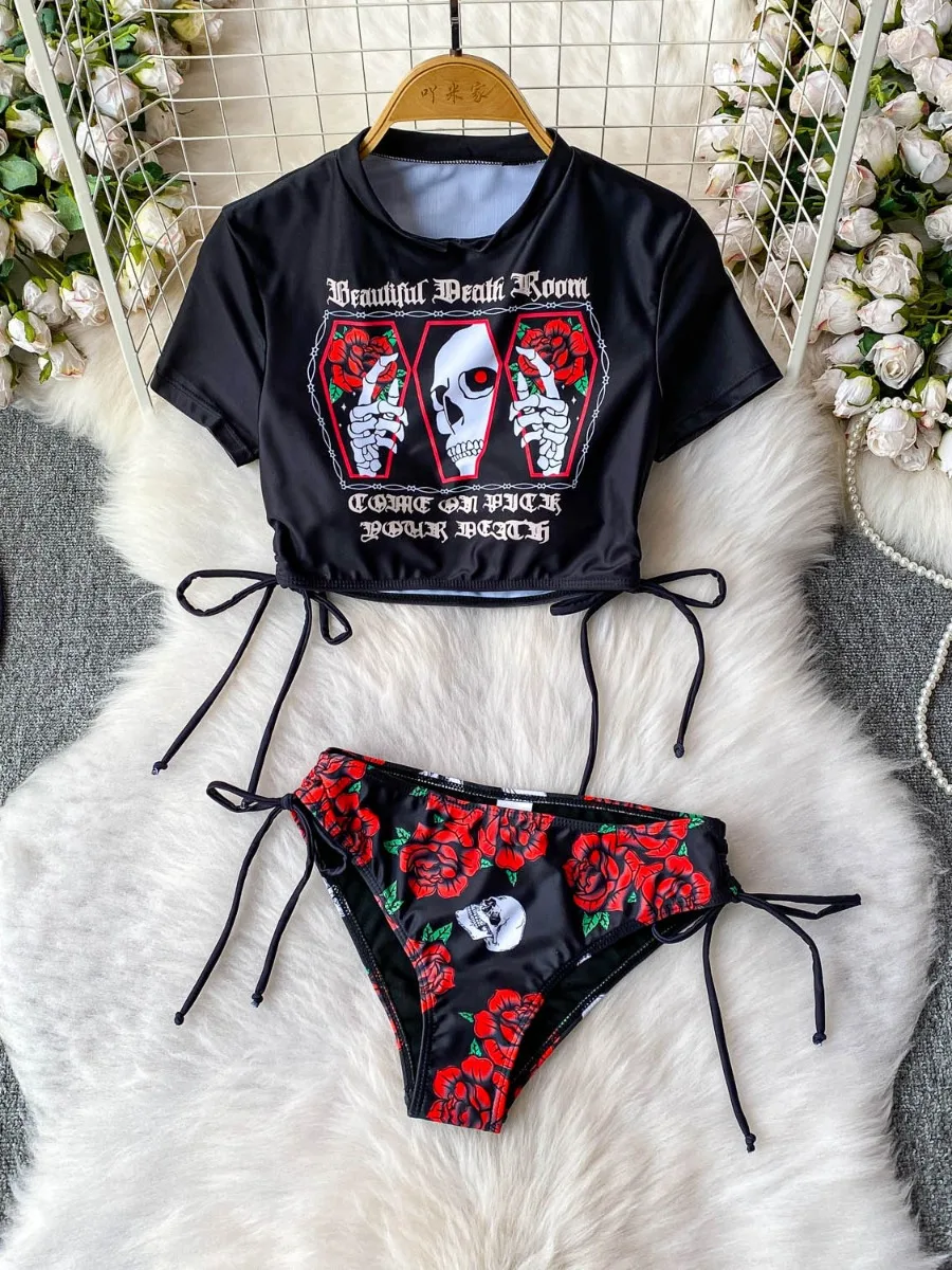 

ssTss Горячая девушка сладкий крутой принт с круглым вырезом укороченный топ на шнурке сексуальный модный треугольный низ купальник комплект из 2 предметов