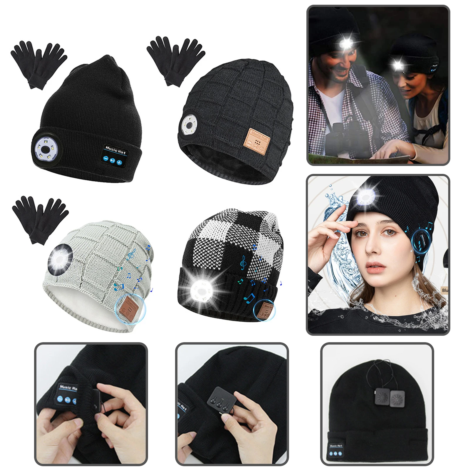 5LED Knitted Hat Headlamp Unisex USB BlueTooth-compatible 5.0 Flashlight Lantern Headlamp Knitted Night Lighted Hat Lamp