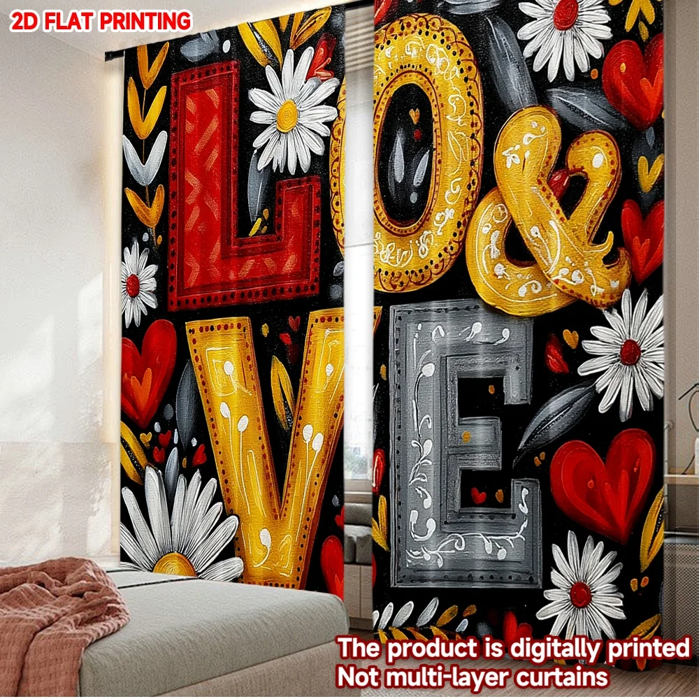 2pcs LOVE Floral Curtains , 3D Embossed Letters with Daisies Hearts on Black Background for Romantic Bedroom Decor
