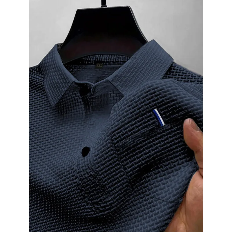 Men's Summer Ice Silk Polo Shirt Short Sleeve Business Casual Chest Pocket Polo Collar Top