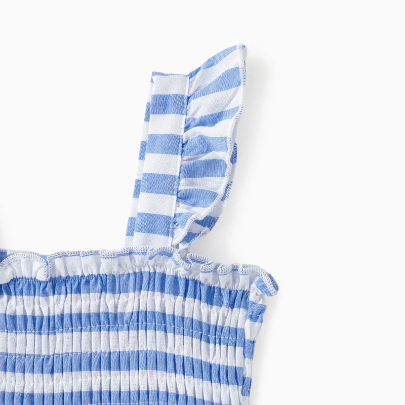 PatPat Family Matching Sets Blue Vertical Stripe Shirt or Shirred Cross Top Off Shoulder Dress