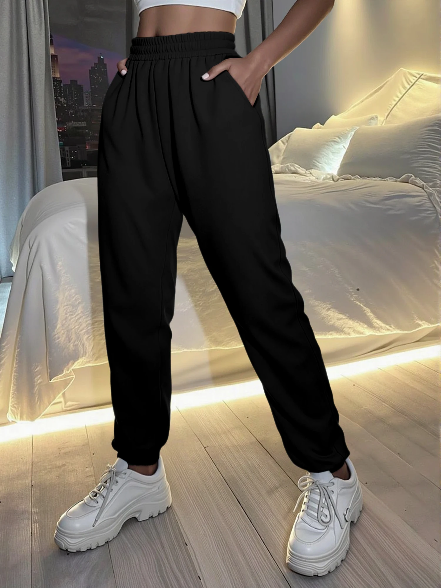 Women's High Waist Sweatpants with Elastic Cuffs - Loose Fit Joggers in Black/Gray/Light Blue for Casual & Lounge Wear