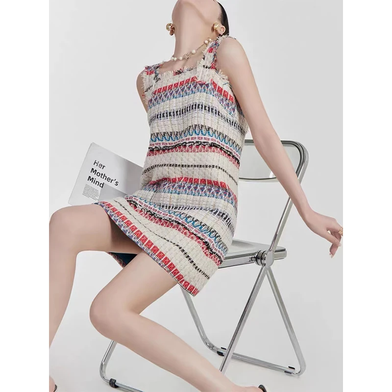 Elegant Casual Sling Tweed Mini Dress For Women Summer Sexy Sleeveless Backless Stripe Strap Party Dress With Pocket Vestidos