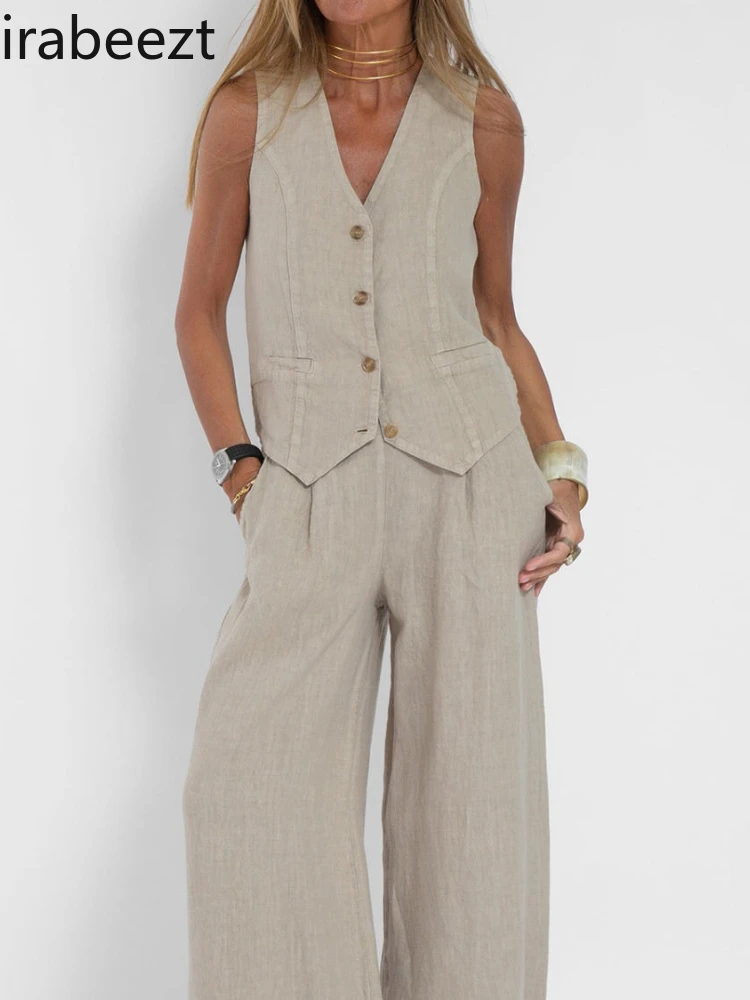 

Summer Women's Linen Vest & Wide Leg Pants Suit - Boho Chic Cotton Loungewear Two Piece Outfit Casual Loose Fit Matching Set