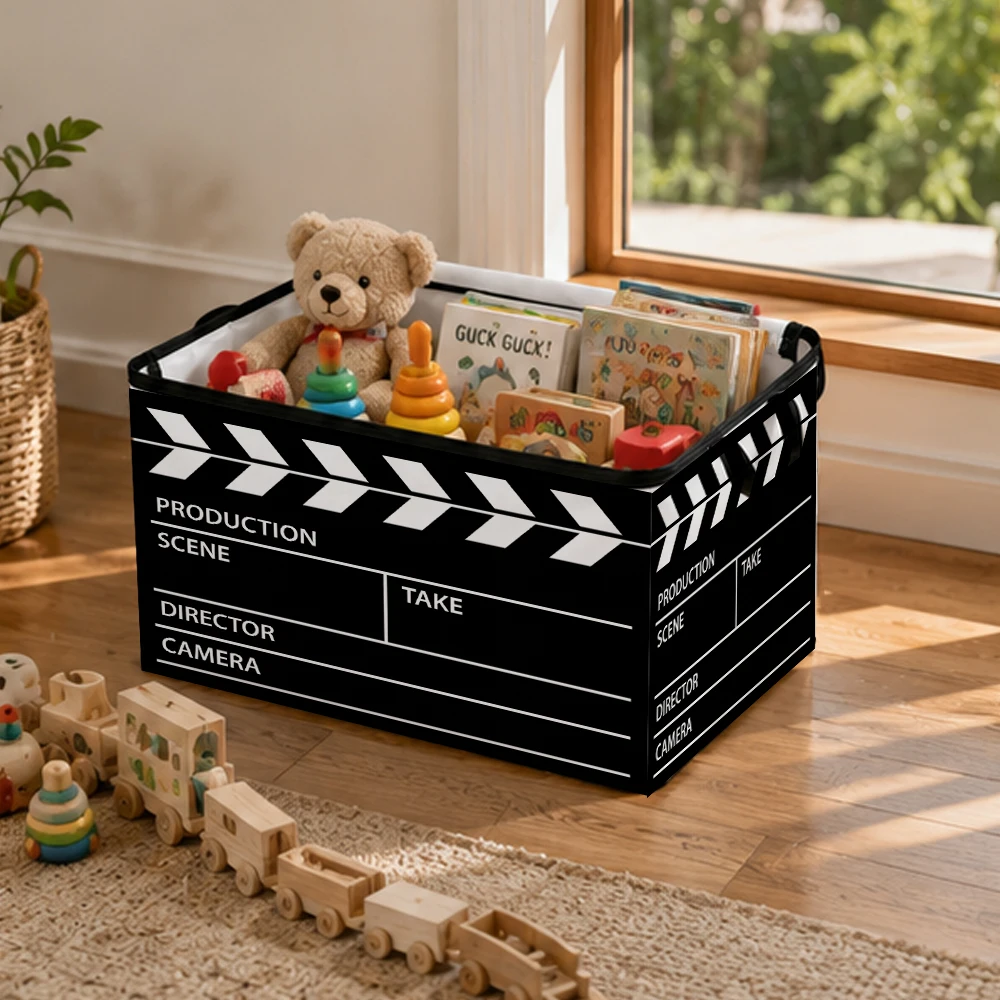 Caja de Almacenamiento Plegable con Asa, Diseño Retro de Claqueta de Cine, Organizador de Ropa y Mantas, Contenedor de Almacenamiento para el Hogar