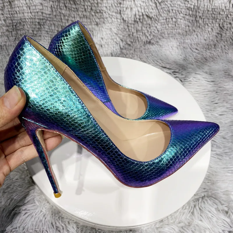 Veowalk-zapatos de tacón alto con estampado de piel de serpiente azul brillante para mujer, sin cordones tacones de aguja, Punta puntiaguda, Sexy, fiesta, Club nocturno