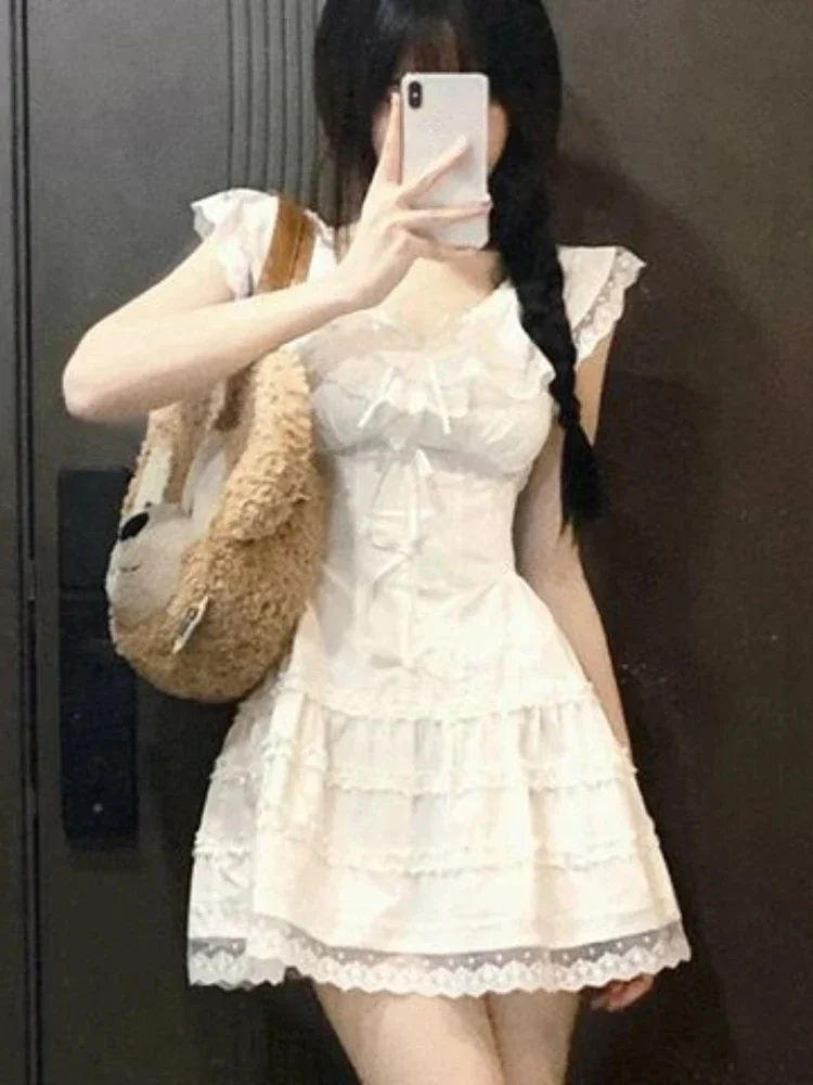 Lolita Sweet White Kwaii Cute Mini Dress Summer Lace Y2k Coquette White Lace Design Princess Short Dresses 2024 Fashion