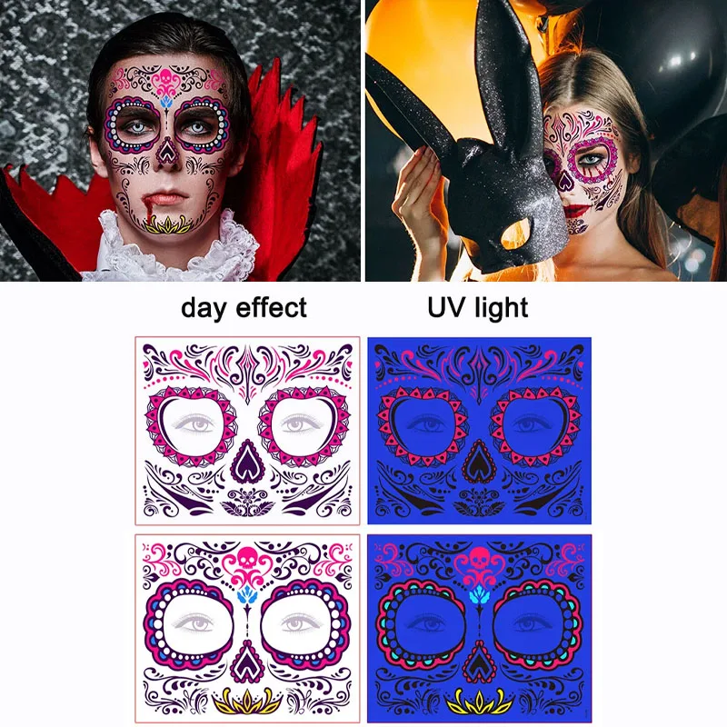 Fluorescent Halloween Temporary Tattoos Sticker Day Of The Dead Face Tattoos Skull Waterproof Tattoos Sticker Party Makeup Decal